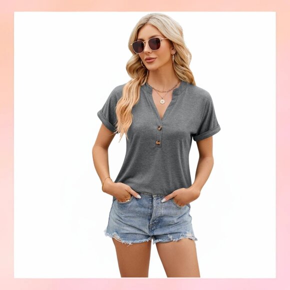 Tops - Casual Gray Button-Up V-Neck Tee